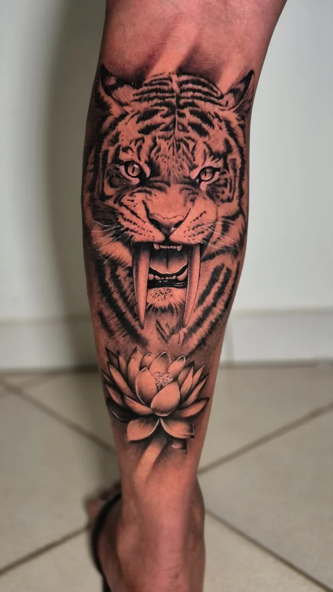 Tigre realista com flor Palivo Tattoo